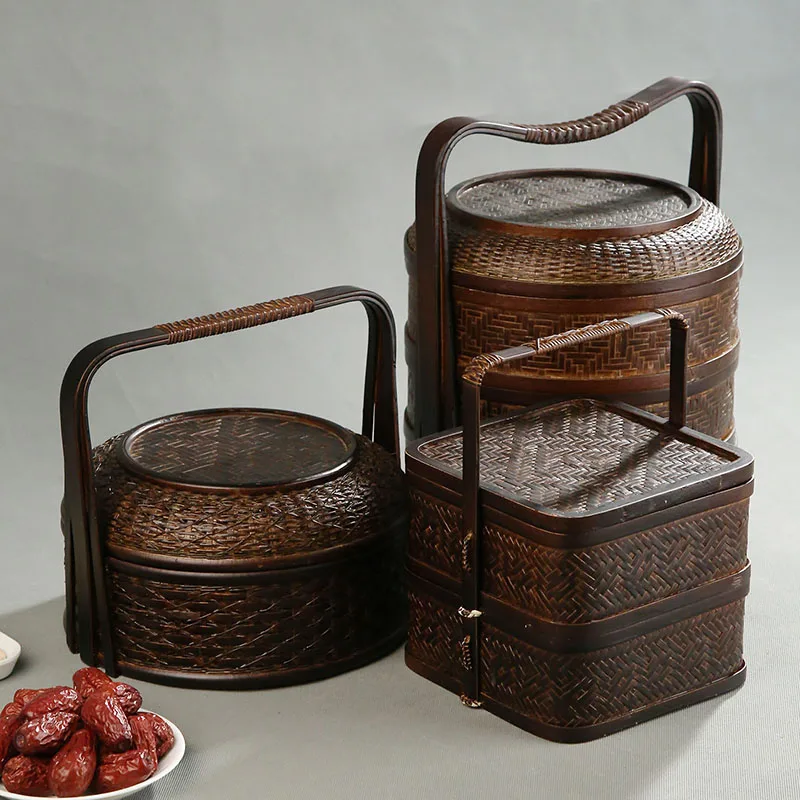 Snacks Food Hamper Basket - Bamboo Picnic Basket with Lid Multi-Layer